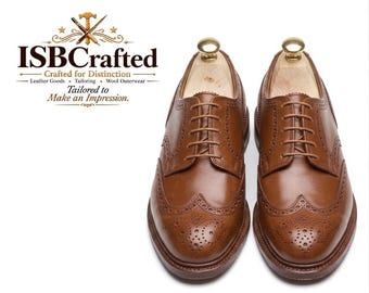 Men's Handmade Brown Leather Wingtip Brogues Classic Oxford Dress Shoes