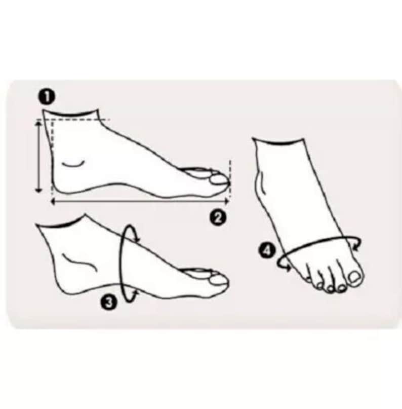 Puede incluir: Diagrama que muestra c&oacute;mo medir el pie para el tama&ntilde;o del zapato. El diagrama muestra cuatro pasos: 1. Coloque el pie sobre un trozo de papel y trace el contorno del pie. 2. Mida la longitud del pie desde el tal&oacute;n hasta el dedo m&aacute;s largo. 3. Mida el ancho del pie en el punto m&aacute;s ancho. 4. Mida la circunferencia del pie alrededor de la bola del pie.