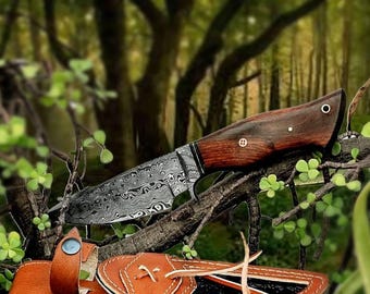 Cuchillo de caza de acero de Damasco hecho a mano, cuchillo de camping, regalo para él, cuchillo de exterior, cuchillo de supervivencia, regalo de cumpleaños, regalo de boda.