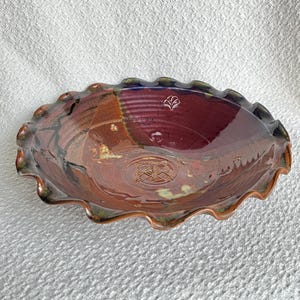 Ruffled Ceramic Bowl/Signed Scott Frankenberger Studio Pottery/Plum & Amber Glazed Handmade/Crossroad Pottery