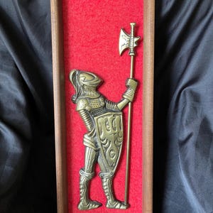 Medieval Knight in Armor Cast Metal  Wall Deco/Crusading Knight Statue Wall Hanging W/Shield & Axe Wood Plaque/Man Cave Decor/Gift for Dad