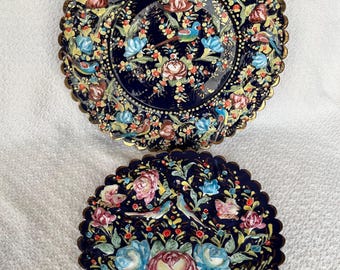 Copper Enamel Plates/Persian Birds & Flowers Plates Hand Painted/Minakari Cobalt Blue Plates/Vintage Raised Wall Hanging Decor/Gift for Mom