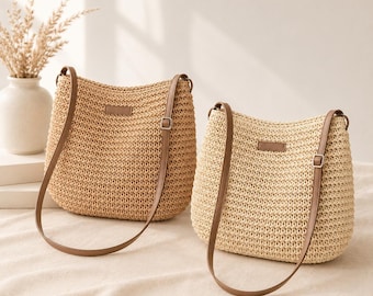 Straw Crossbody Bag for Women, Woven Beach Bag, Summer Shoulder Purse, Raffia Messenger Bag, Vacation Handbag, Boho Straw Tote