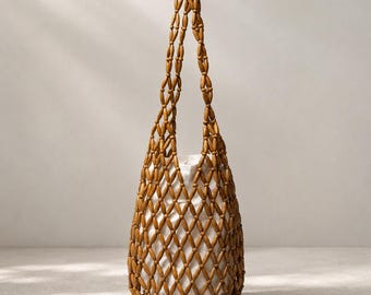 Wooden Beaded Tote Bag, Boho Beach Handbag, Woven Shoulder Bag, Summer Bucket Purse, Handmade Wooden Bead Tote, Vacation Bag, Gift for Her