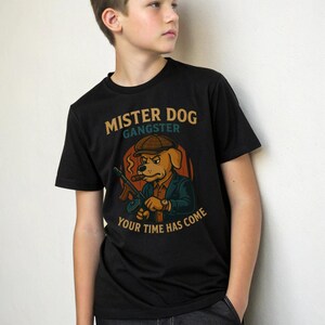 Funny Mister Dog Gangster T-shirt for boys with a cartoon Bulldog for a fashionable style.