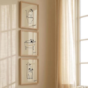 Framed Set of 3 Pug Bathroom Wall Art Prints, Minimalist Picasso Dog Bathroom Decor