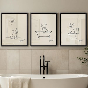 Framed Set of 3 French Bulldog Wall Art Prints, Minimalist Picasso Dog Bathroom Decor