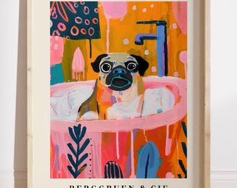 Matisse Pug in Bathtub Art Print, Colorful Dog Bathroom Wall Decor