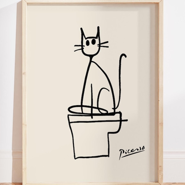 Muurdecoratie met een zwarte kat op het toilet, Picasso-print voor de badkamer, lijntekening voor de badkamermuur, minimalistische badkamerdecoratie, grappige kattenprint