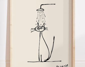 Black Cat Shower Wall Art Print, Minimalist Picasso Bathroom Print, Funny Cat Bathroom Decor