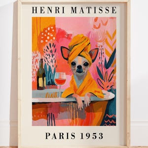 Chihuahua in Bathtub Matisse Bathroom Wall Art Print, Colorful Bathroom Poster, Dopamine Decor, Matisse Bathroom Print, Chihuahua Print
