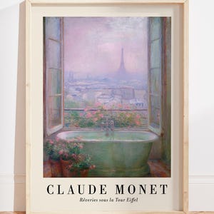Monet Paris Bathroom Wall Art Print, Pastel Floral Bathroom Decor, Claude Monet Bathroom Poster, Bathtub Painting, Eiffel Tower Bathroom Art