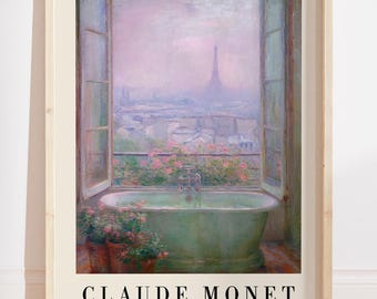 Monet Paris Bathroom Wall Art Print, Pastel Floral Bathroom Decor, Claude Monet Bathroom Poster, Bathtub Painting, Eiffel Tower Bathroom Art
