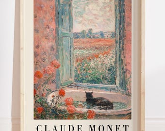Monet Black Cat Bathroom Wall Art Print, Pink Pastel Bathroom Decor, Claude Monet Bathroom Poster, Dopamine Decor, Cat Bathtub Painting