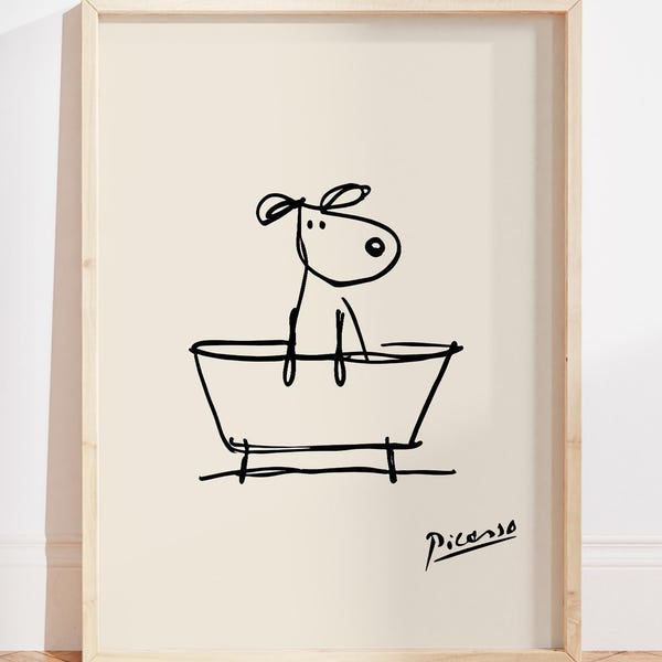 Hund i badkar väggkonsttryck, linjekonst badrumsaffisch, Picasso badrumstryck, minimalistisk badrumsdekor, rolig hundtryck, hundälskarekonst