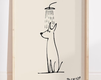 Dog Shower Wall Art Print, Minimalist Picasso Bathroom Print, Funny Dog Bathroom Decor