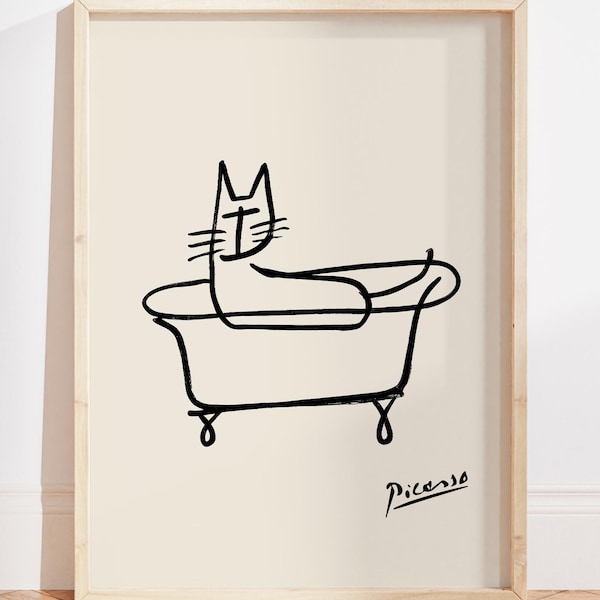 Picasso zwarte kat badmuurprint, Picasso badkamerprint, minimalistische badkamerdecoratie, lijntekening badkamermuurdecoratie, zwarte kat print