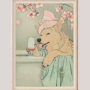 Shepherd Dog Bathroom Wall Art Print, Japanese Bathroom Prints, Shepherd on Toilet Print, Dopamine Decor, Dog Lover Gift, Wine Lover Spa Art