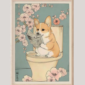 Corgi on a Toilet Wall Art Print, Japanese Bathroom Decor, Corgi Art, Dopamine Decor, Japanese Wall Art, Bathroom Poster, Gift for Dog Lover