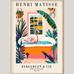 Flamingo Matisse Bathroom Wall Art Print, Colorful Maximalist Bathroom Decor, Henri Matisse Bathroom Prints, Dopamine Decor, Flamingo Poster