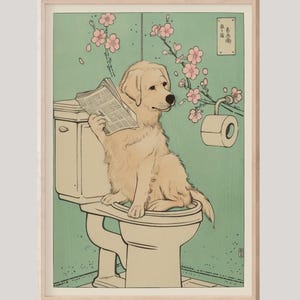 Golden Retriever on a Toilet Print, Bathroom Wall Art, Japanese Prints, Golden Retriever Print, Bathroom Art, Dopamine Decor, Dog Lover Gift