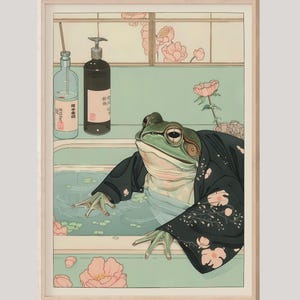 Kikker in een bad muurkunst print, Japanse badkamer decor, grappige kikker cadeau, dopamine decor, Japanse muurkunst, badkamer poster, spa decor