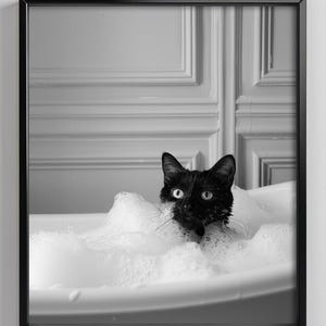 Black Cat in a Bathtub Wall Art Print, Animal Bathroom Poster, Black Cat Print, Black and White Bathroom Print, Housewarming Gift