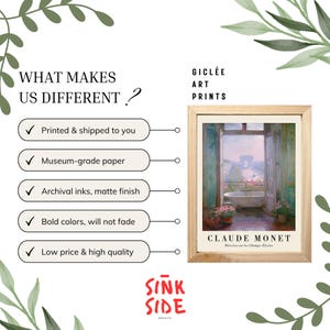 K&ouml;nnte beinhalten: Ein gerahmter Gicl&eacute;e-Kunstdruck eines Gem&auml;ldes von Claude Monet, der eine Ansicht aus einem Fenster mit Badewanne, Blumen und dem Arc de Triomphe zeigt. Der Druck ist in einem hellen Holzrahmen, mit Text, der lautet "WAS UNS UNTERSCHEIDET?"