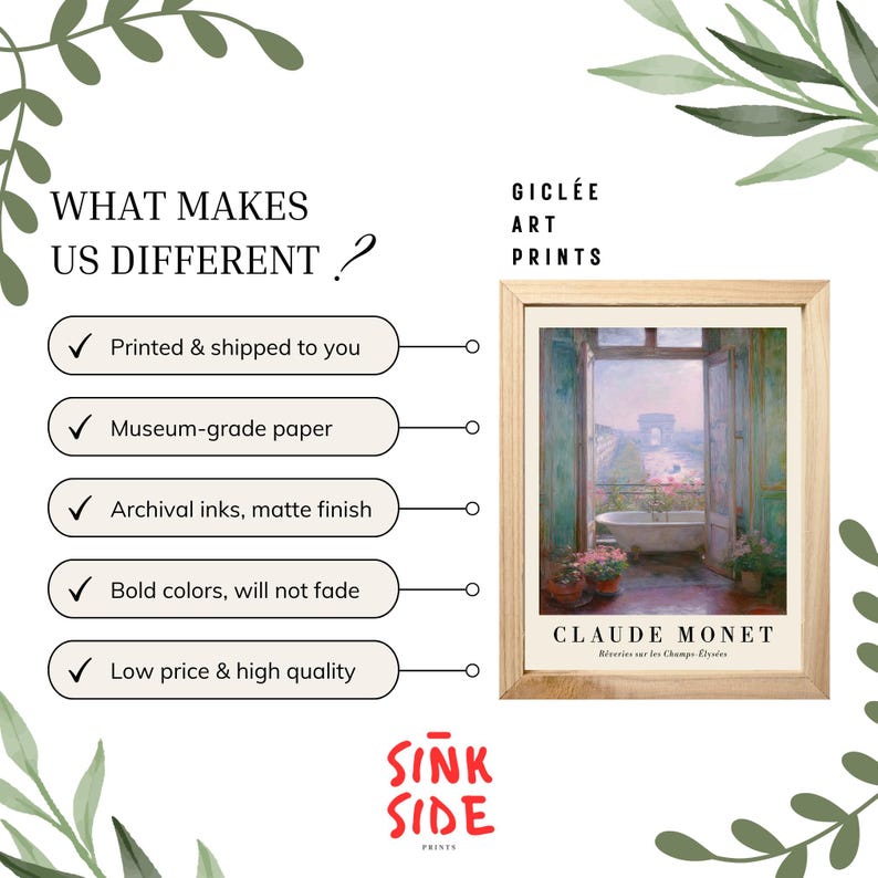 K&ouml;nnte beinhalten: Ein gerahmter Gicl&eacute;e-Kunstdruck eines Gem&auml;ldes von Claude Monet, der eine Ansicht aus einem Fenster mit Badewanne, Blumen und dem Arc de Triomphe zeigt. Der Druck ist in einem hellen Holzrahmen, mit Text, der lautet "WAS UNS UNTERSCHEIDET?"