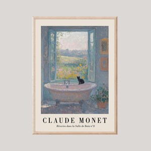 May include: A framed print of a painting by Claude Monet. The artwork depicts a claw-foot bathtub in a room with an open window. A black cat sits on the tub's edge, overlooking a landscape. The text "CLAUDE MONET" is at the bottom.