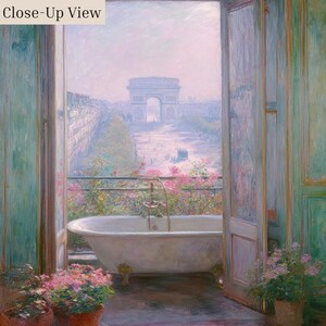 K&ouml;nnte beinhalten: Ein pastellfarbenes Gem&auml;lde zeigt eine Vintage-Badewanne auf einem Balkon mit Blick auf eine Pariser Stra&szlig;enszene, einschlie&szlig;lich des Arc de Triomphe. Rosa Blumen und Topfpflanzen umrahmen die Wanne und die offenen T&uuml;ren.