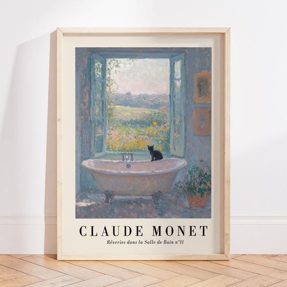 Black Cat Bathroom Wall Art Print, Monet Pastel Painting Bathroom Decor, French Country Art