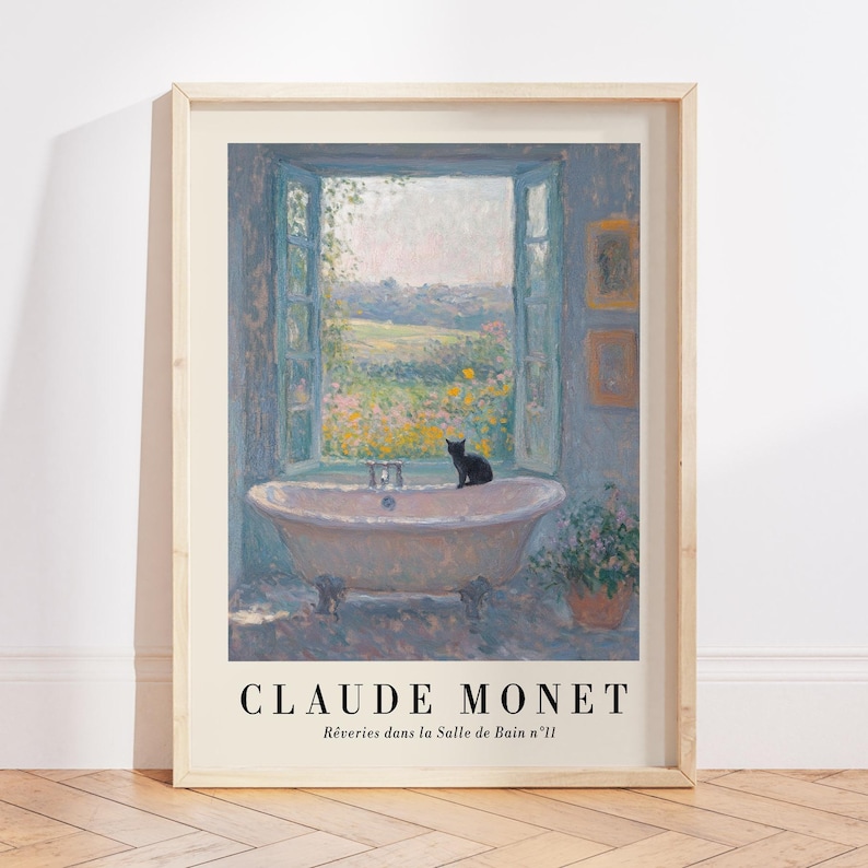 May include: Framed art print of a painting by Claude Monet. The artwork shows a black cat on a bathtub edge, with an open window revealing a colorful field. The text "CLAUDE MONET" is at the bottom, with French text below.