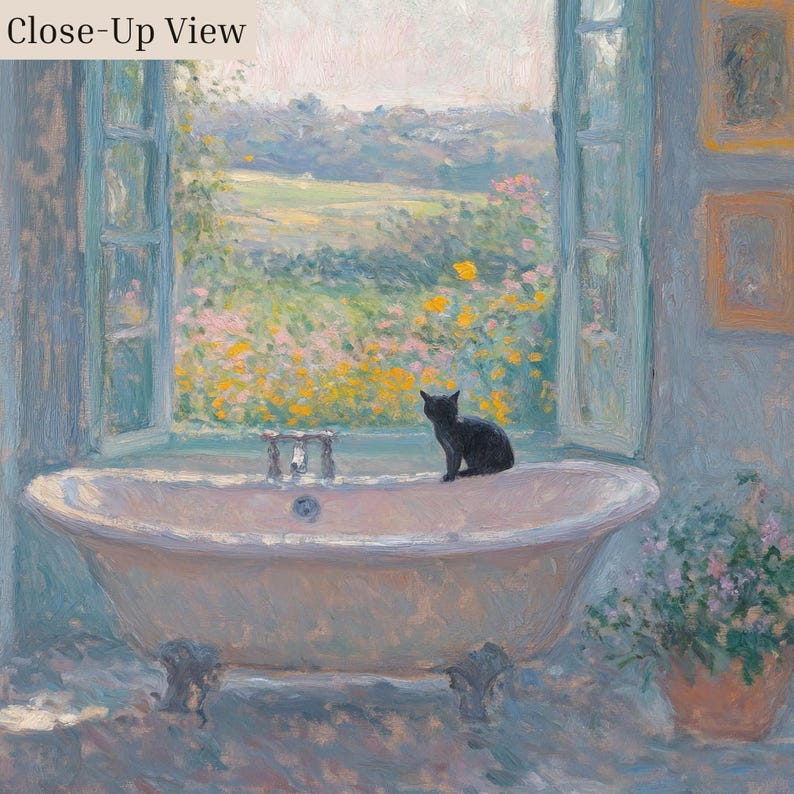 May include: A painting depicting a claw-foot bathtub with a black cat perched on the rim. The tub is positioned before an open window that reveals a vibrant field. The words "Close-Up View" are in the top left corner.