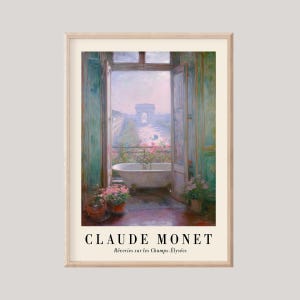 K&ouml;nnte beinhalten: Gerahmter Kunstdruck eines Gem&auml;ldes von Claude Monet. Das Kunstwerk zeigt eine Badewanne mit Blick auf einen Garten und den Arc de Triomphe. Die Farbpalette umfasst Gr&uuml;n-, Rosa- und Blaut&ouml;ne. Der Text "CLAUDE MONET" und "R&ecirc;veries sur les Champs-&Eacute;lys&eacute;es" sind sichtbar.