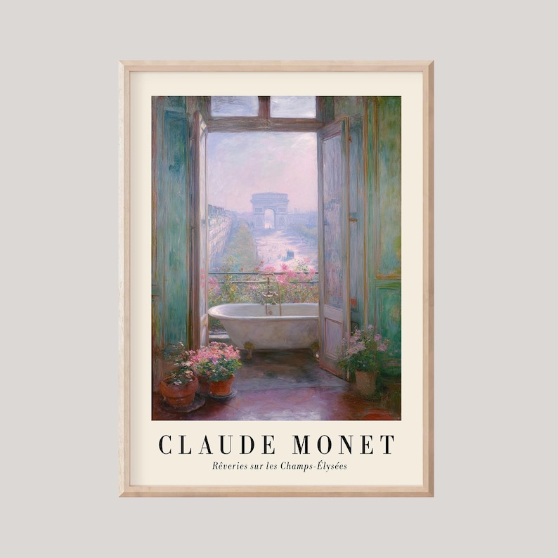K&ouml;nnte beinhalten: Gerahmter Kunstdruck eines Gem&auml;ldes von Claude Monet. Das Kunstwerk zeigt eine Badewanne mit Blick auf einen Garten und den Arc de Triomphe. Die Farbpalette umfasst Gr&uuml;n-, Rosa- und Blaut&ouml;ne. Der Text "CLAUDE MONET" und "R&ecirc;veries sur les Champs-&Eacute;lys&eacute;es" sind sichtbar.