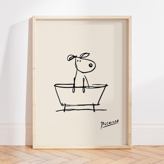 Dog in a Bathtub Wall Art Print, Line Art Bathroom Poster, Picasso Bathroom Print, Minimalist Bathroom Decor, Funny Dog Print, Dog Lover Art