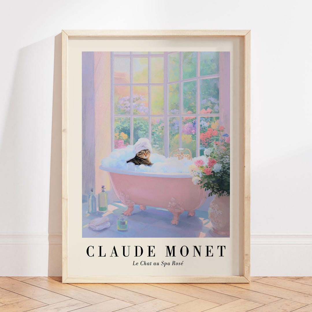 Tabby Cat Spa Bathroom Painting Print, Pastel Pink Bathroom Poster ...