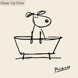 May include: A whimsical black line drawing of an animal in a bathtub, with the text "Close-Up View" at the top and "Picasso" in the bottom right corner. The artwork is on a cream-colored background.