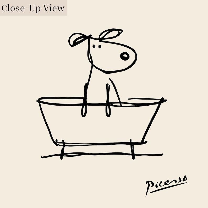 May include: A whimsical black line drawing of an animal in a bathtub, with the text "Close-Up View" at the top and "Picasso" in the bottom right corner. The artwork is on a cream-colored background.