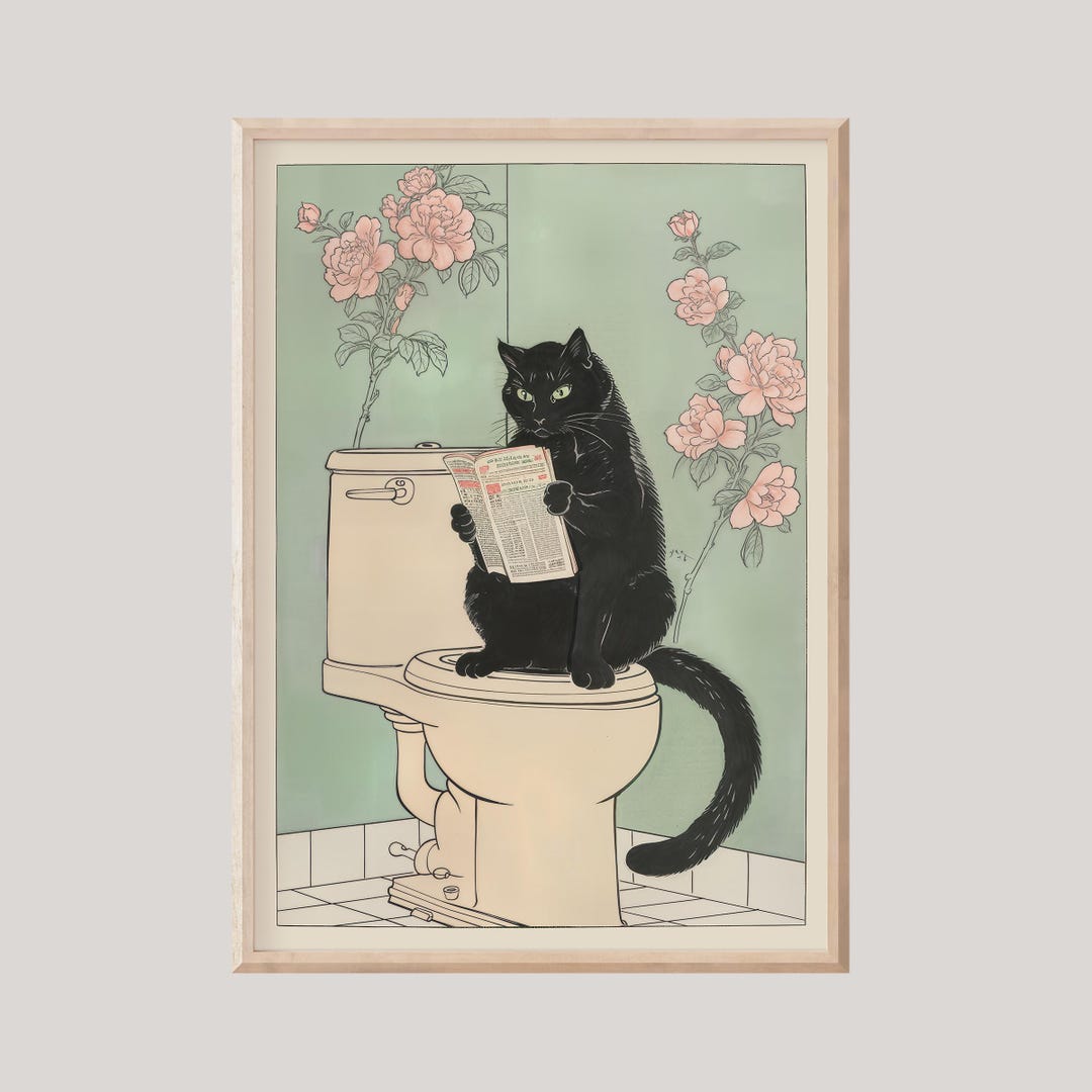 Funny Black Cat Bathroom Print, Reading Newspaper, Japandi Wall Art - Etsy
