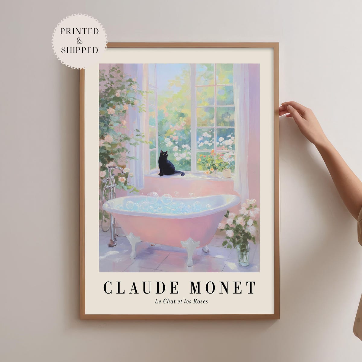 Monet Black Cat Bathroom Painting Print, Pastel Pink Bathroom Decor, Monet Bathtub Wall Art, Floral Rose Bathroom Painting, Black Cat Print