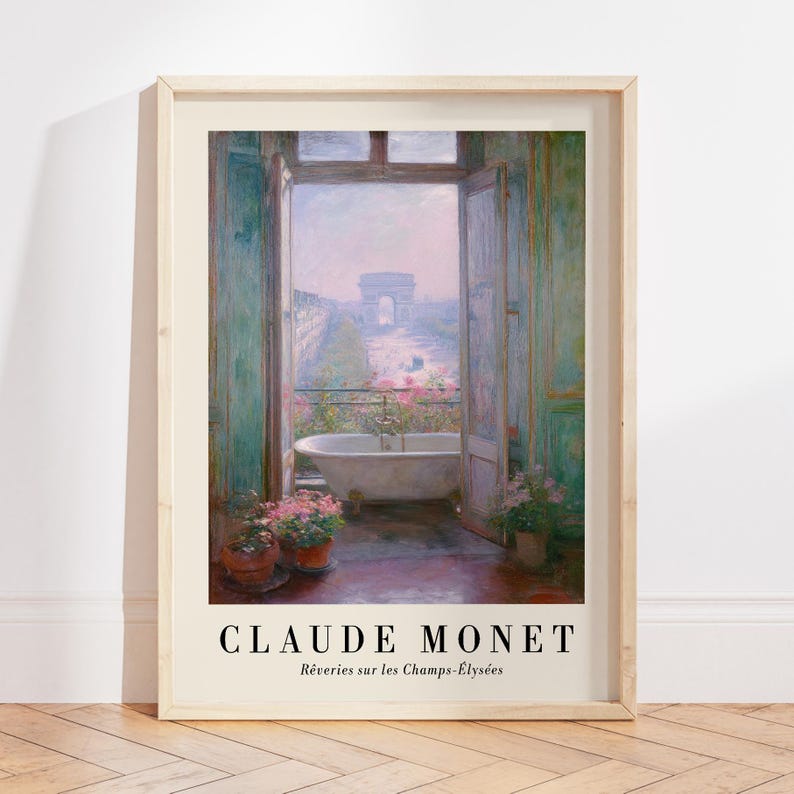 K&ouml;nnte beinhalten: Gerahmter Kunstdruck eines Gem&auml;ldes von Claude Monet, das eine Badewanne mit Blick auf den Arc de Triomphe in Paris zeigt. Das Kunstwerk hat eine weiche, pastellfarbene Farbpalette mit Rosa- und Gr&uuml;nt&ouml;nen. Der Text "CLAUDE MONET" ist unten zu sehen.
