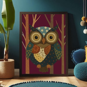 Quilted Tales BÚHO / Lámina infantil con marco de madera / A3 (29,7 x 42 cm)