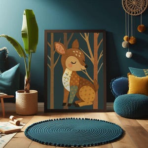 Quilted Tales DEER | Wooden Framed Animal Nursery Print | A3 (29.7 x 42 cm)