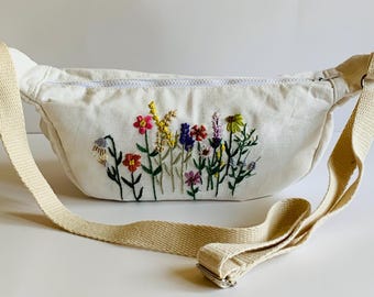 Embroidered Wildflower Crossbody Bag: Handmade Cotton Nature Art Bag