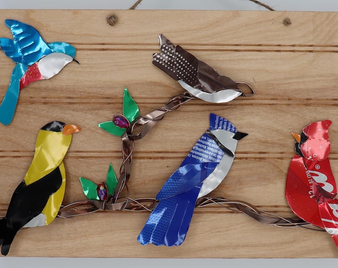 Featured listing image: Birds wall hanging made from recycled cans