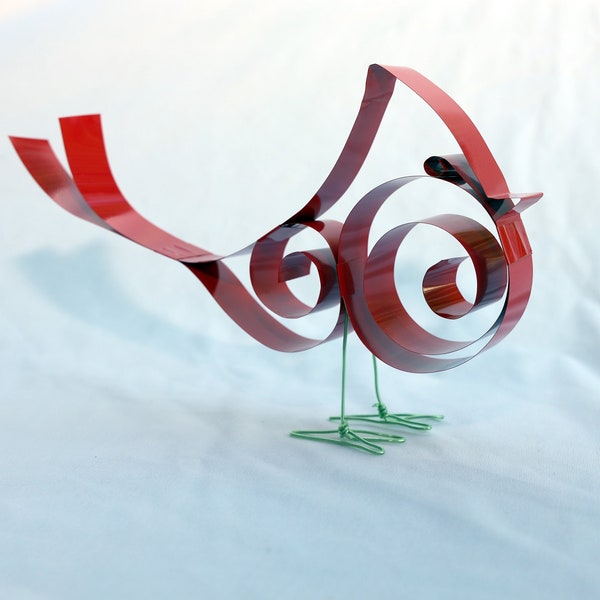 Cardinal bird made from recycled metal mini-blinds