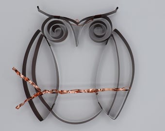 Owl on a perch hanging decoration made from recycled metal mini-blinds