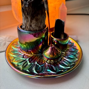 3-in-1 Iridescent Incense, Sage and Palo Santo Holder for Cleansing, Healing, Meditation, Yoga and Gifting
